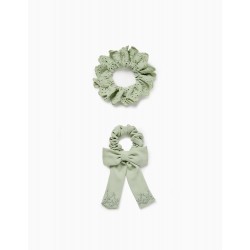 PACK 2 ELASTIC SCRUNCHIE WITH ENGLISH EMBROIDERY FOR BABY AND GIRL, GREEN