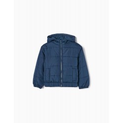 PADDED JACKET WITH HOOD FOR GIRL, DARK BLUE