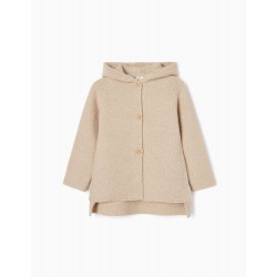 LONG KNIT JACKET WITH HOOD FOR GIRL, BEIGE
