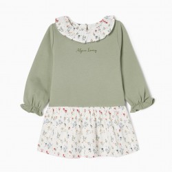 DRESS COMBINED WITH FLORAL MOTIF FOR BABY GIRL, GREEN/WHITE