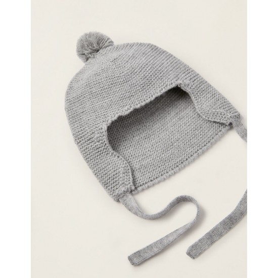 KNITTED BEANIE WITH POMPOM FOR BABY, GREY