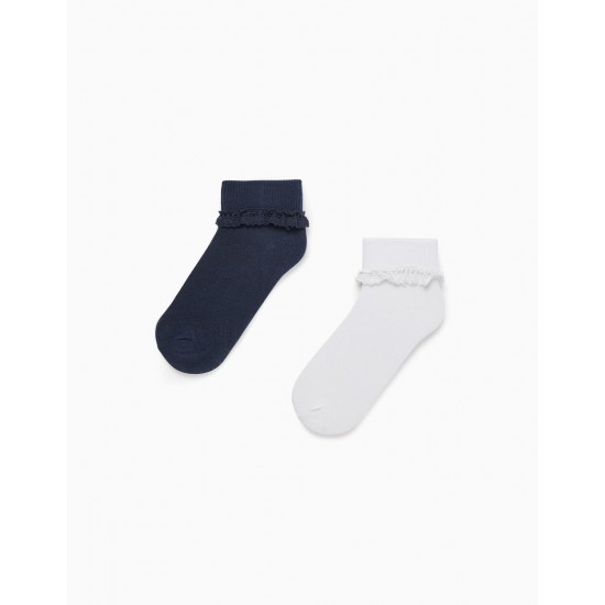 PACK 2 COTTON SOCKS WITH LACE FOR GIRL, DARK BLUE/WHITE
