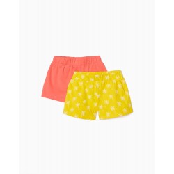 2 GIRL'S SHORTS 'PALM TREE', CORAL/YELLOW