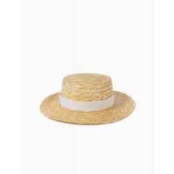 STRAW HAT WITH BRODERIE ANGLAISE FOR GIRLS, BEIGE