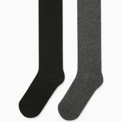 2 KNITTED TIGHTS FOR GIRL, GRAY AND BLACK