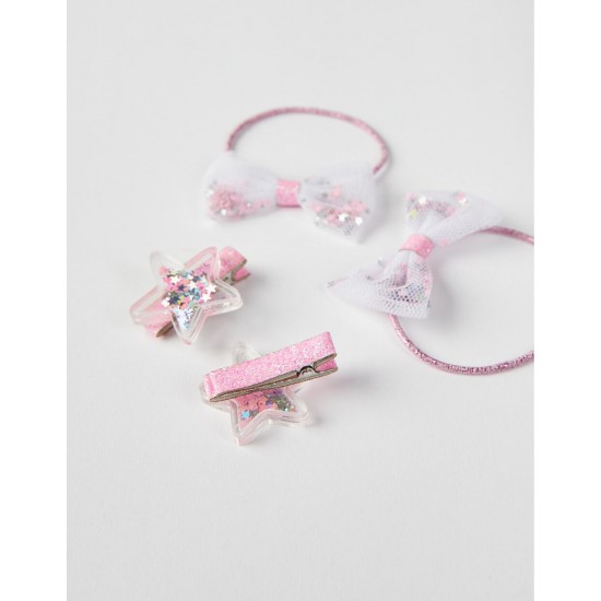 2 HAIR CLIPS + 2 RUBBER BANDS WITH RHINESTONES FOR BABY AND GIRL, PINK/WHITE