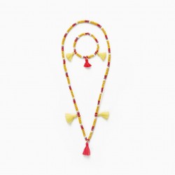 BEADS AND TASSELS NECKLACE + BRACELET FOR GIRL, RED/YELLOW