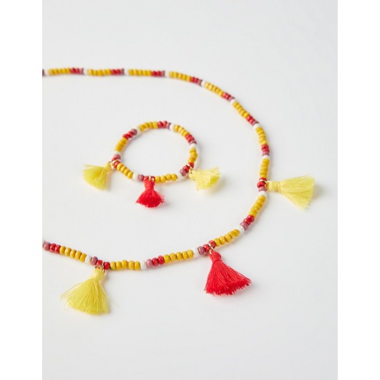 BEADS AND TASSELS NECKLACE + BRACELET FOR GIRL, RED/YELLOW