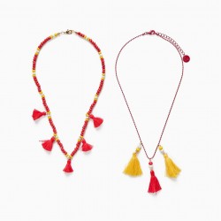 2 NECKLACES WITH BEADS AND TASSELS FOR GIRLS, RED/YELLOW