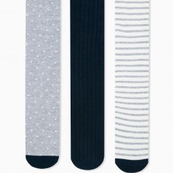 3 'STRIPES & DOTS' GIRL'S KNITTED TIGHTS, WHITE/GREY/DARK BLUE