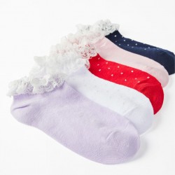 5 PAIRS OF SHORT LACE SOCKS FOR GIRLS, MULTICOLOR