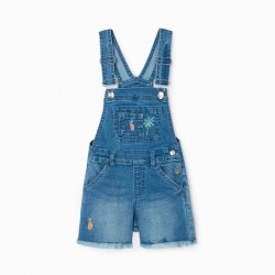 DENIM OVERALL SHORT WITH EMBROIDERY FOR GIRL, BLUE