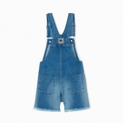 DENIM OVERALL SHORT WITH EMBROIDERY FOR GIRL, BLUE