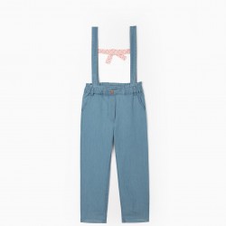 DENIM TROUSERS WITH STRAPS FOR GIRL, LIGHT BLU