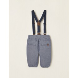 COTTON PANTS WITH REMOVABLE SUSPENDERS FOR NEWBORN, BLUE