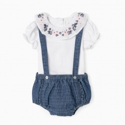 BODY + SHORT WITH SUSPENDERS FOR NEWBORN, WHITE/BLUE