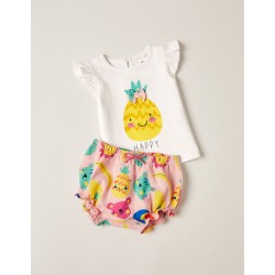 T-SHIRT + COTTON SHORTS FOR NEWBORN 'HAPPY', WHITE/PINK