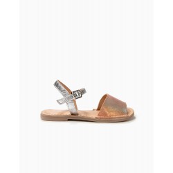 LEATHER SANDALS FOR MENORCAN GIRLS, SILVER AND PINK