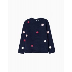 'PINK DOTS' GIRL'S KNITTED SWEATER, DARK BLUE