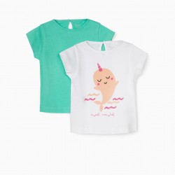 2 BABY GIRL T-SHIRTS 'SWEET NARWHAL', WHITE/GREEN WATER