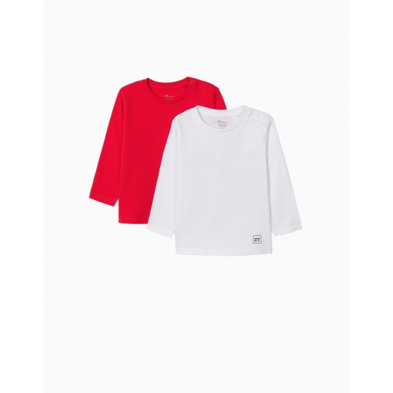 2 LONG SLEEVE T-SHIRTS FOR BABY BOY, WHITE/RED