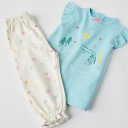 HALF SLEEVE PAJAMAS FOR BABY GIRL 'CAMPING', BLUE/WHITE