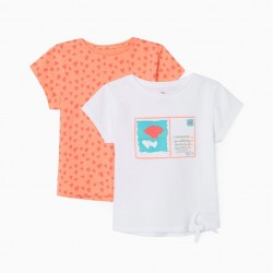 2 T-SHIRTS FOR GIRLS 'POSTCARD', WHITE/CORAL