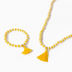BEAD NECKLACE AND BRACELET FOR GIRLS, YELLOW/WHITE
