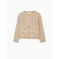 GIRL'S KNITTED JACKET AND FRINGES, BEIGE