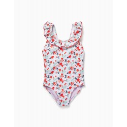 UPF 80 SWIMSUIT FOR GIRL 'FLOWERS', LILAC/RED
