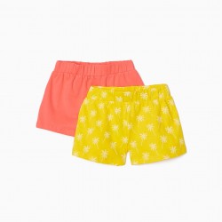 2 GIRL'S 'PALM TREE' SHORTS, CORAL/YELLOW