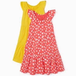 2 GIRLS' DRESSES 'HEARTS', CORAL/YELLOW