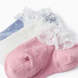 PACK OF 3 PAIRS OF SHORT SOCKS WITH LACE FOR BABY GIRLS, MULTICOLOR