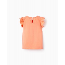 COTTON T-SHIRT WITH RUFFLES FOR BABY GIRL, CORAL