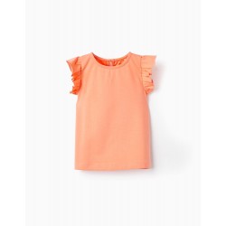 COTTON T-SHIRT WITH RUFFLES FOR BABY GIRL, CORAL