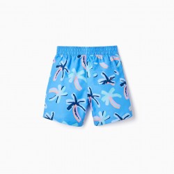 BOYS' UPF 80 SWIMMING SHORTS WITH 'PALM TREES' MOTIF, BLUE
