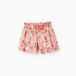 COTTON SHORTS WITH FLORAL PRINT FOR GIRLS, PINK