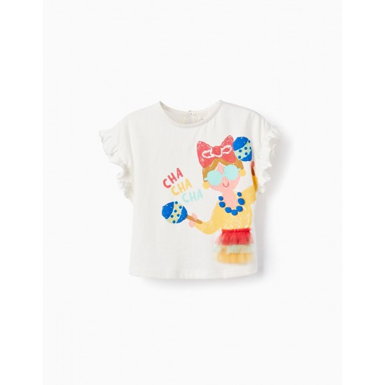 COTTON T-SHIRT WITH RUFFLES FOR BABY GIRL 'CHA CHA CHA', WHITE