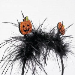 HEADBAND WITH FEATHERS AND GLITTER FOR BABY AND GIRL 'HALLOWEEN - PUMPKINS', BLACK