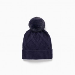 KNITTED HAT WITH POMPOM FOR GIRLS, DARK BLUE