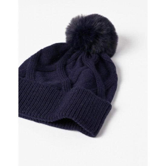 KNITTED HAT WITH POMPOM FOR GIRLS, DARK BLUE
