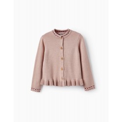 KNITTED JACKET WITH JACQUARD FOR GIRLS, LIGHT PINK