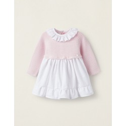 COMBINED MESH AND COTTON DRESS FOR NEWBORN, PINK/WHITE