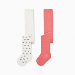 PACK 2 MESH TIGHTS FOR GIRLS 'HEARTS', WHITE/DARK PINK