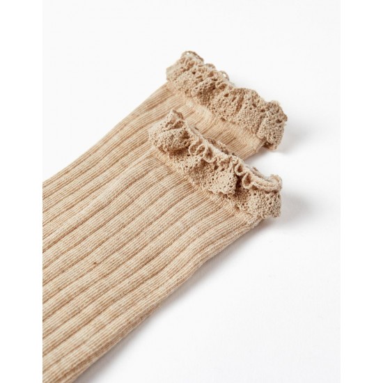 RIBBED HIGH SOCKS WITH LACE FOR GIRLS, BEIGE