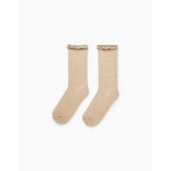 RIBBED HIGH SOCKS WITH LACE FOR GIRLS, BEIGE
