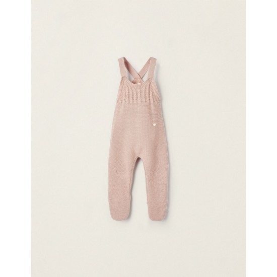 COTTON KNIT JUMPSUIT WITH FEET FOR NEWBORN, LIGHT PINK