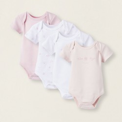 PACK OF 4 SHORT SLEEVE BODIES FOR BABY AND NEWBORN 'HAPPY', PINK