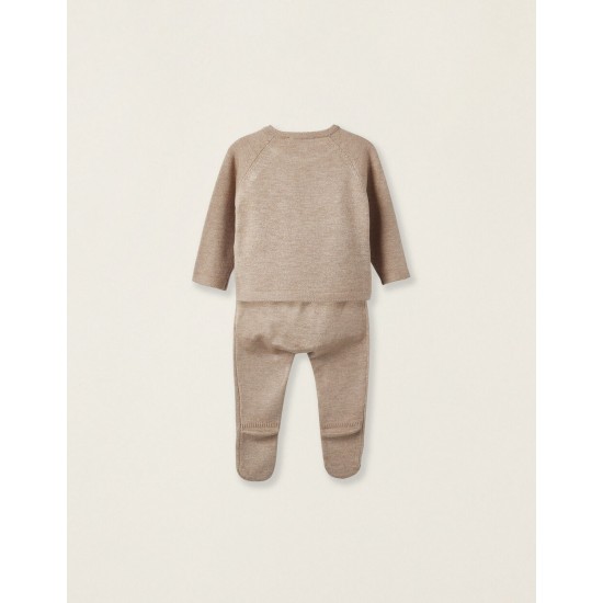 KNITTED SWEATER + PANTS SET WITH CASHMERE WITH FEET FOR NEWBORN, BROWN