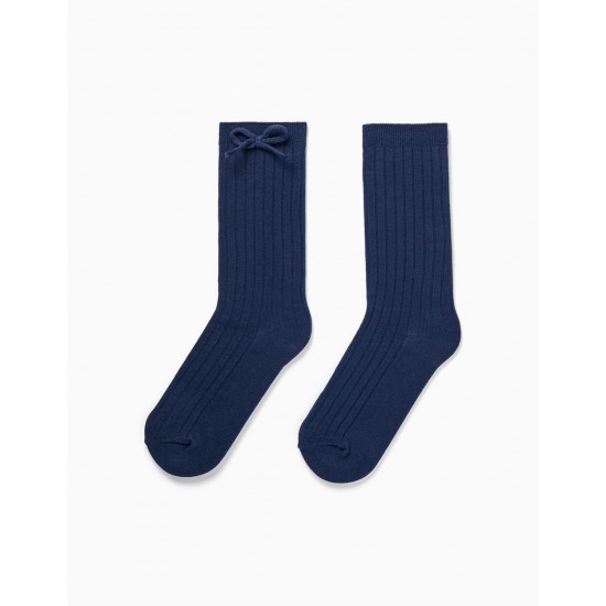 RIBBED HIGH SOCKS WITH DECORATIVE BOW FOR GIRLS, DARK BLUE